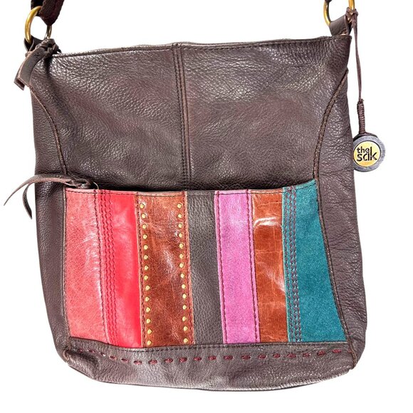 The Sak Striped Patchwork Leather Crossbody Bag Adjustable Strap Red Pink Teal - Picture 1 of 16